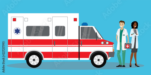 Two paramedics workers near ambulance car,modern emergency auto,