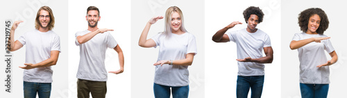 Collage of group of young people wearing white t-shirt over isolated background gesturing with hands showing big and large size sign, measure symbol. Smiling looking at the camera. Measuring concept.