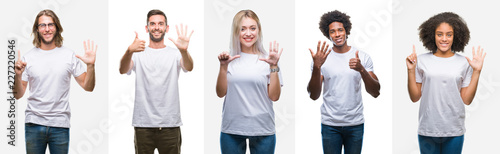 Collage of group of young people wearing white t-shirt over isolated background showing and pointing up with fingers number six while smiling confident and happy.