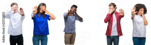 Collage of group of young asian, caucasian, african american people over isolated background covering eyes with hands and doing stop gesture with sad and fear expression. Embarrassed