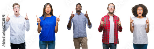 Collage of group of young asian, caucasian, african american people over isolated background amazed and surprised looking up and pointing with fingers and raised arms.