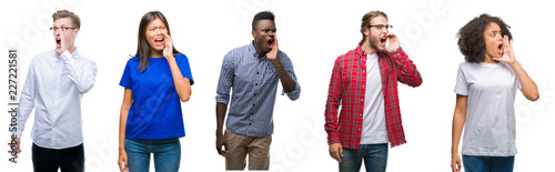 Collage of group of young asian, caucasian, african american people over isolated background shouting and screaming loud to side with hand on mouth. Communication concept.