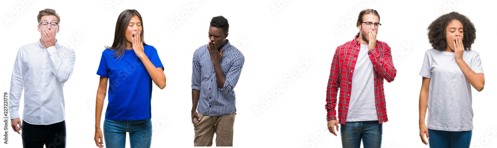 Collage of group of young asian, caucasian, african american people over isolated background bored yawning tired covering mouth with hand. Restless and sleepiness. Collage of group of young asian, caucasian, african american people over isolated background bored yawning tired covering mouth with hand. Restless and sleepiness.