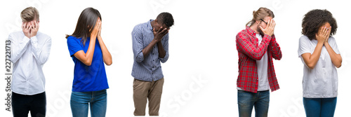 Collage of group of young asian, caucasian, african american people over isolated background with sad expression covering face with hands while crying. Depression concept.