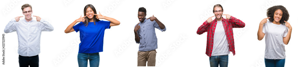 Collage of group of young asian, caucasian, african american people over isolated background smiling confident showing and pointing with fingers teeth and mouth. Health concept. Collage of group of young asian, caucasian, african american people over isolated background smiling confident showing and pointing with fingers teeth and mouth. Health concept.