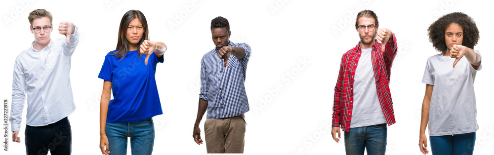 Collage of group of young asian, caucasian, african american people over isolated background looking unhappy and angry showing rejection and negative with thumbs down gesture. Bad expression. Collage of group of young asian, caucasian, african american people over isolated background looking unhappy and angry showing rejection and negative with thumbs down gesture. Bad expression.