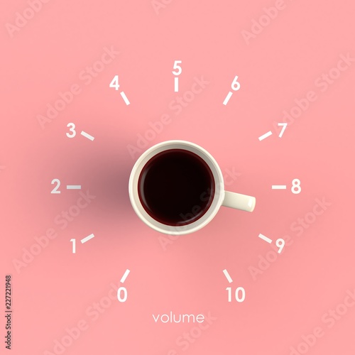 Top view of a cup of coffee in the form of volume control isolated on pink background, Coffee concept illustration, 3d rendering