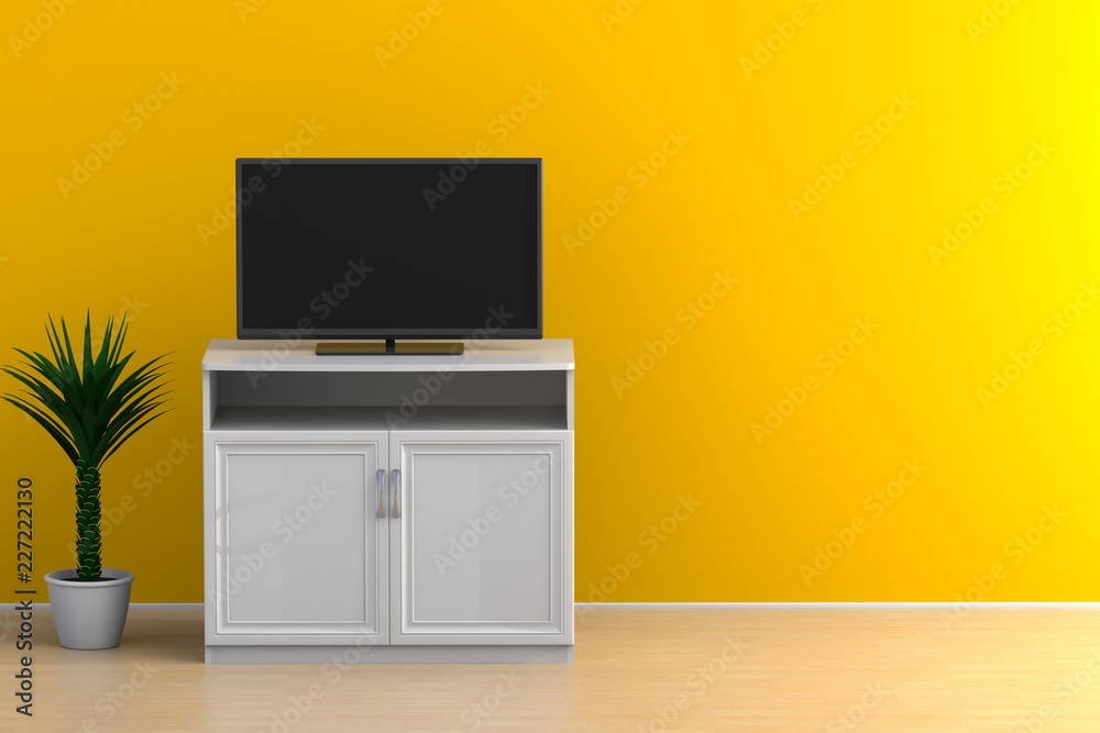 Interior of empty room with TV, Living room led tv on yellow wall with wooden table modern loft style, 3d rendering Interior of empty room with TV, Living room led tv on yellow wall with wooden table modern loft style, 3d rendering