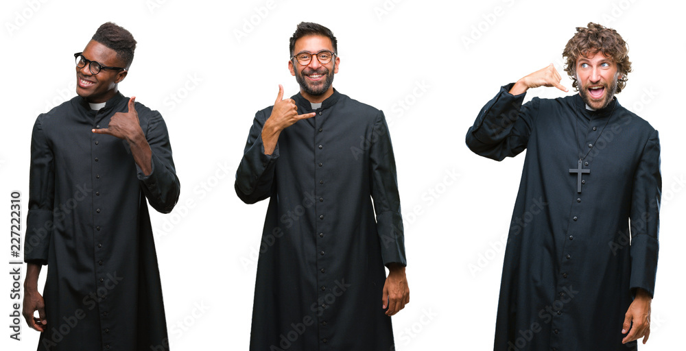 Collage of christian priest men over isolated background smiling doing phone gesture with hand and fingers like talking on the telephone. Communicating concepts. Collage of christian priest men over isolated background smiling doing phone gesture with hand and fingers like talking on the telephone. Communicating concepts.