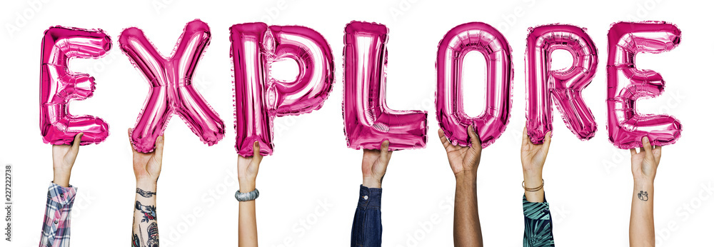 Εκτύπωση καμβά Hands showing explore balloons word