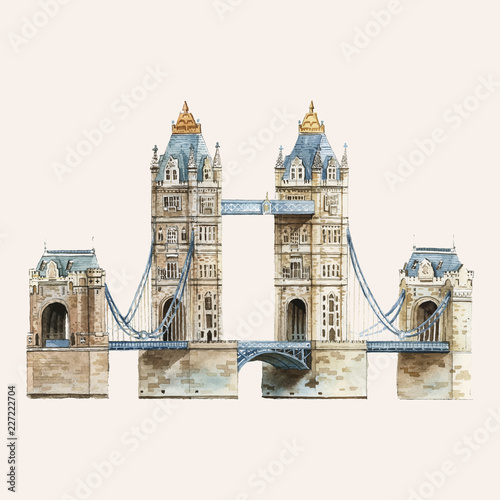 The London Tower Bridge painted by watercolor
