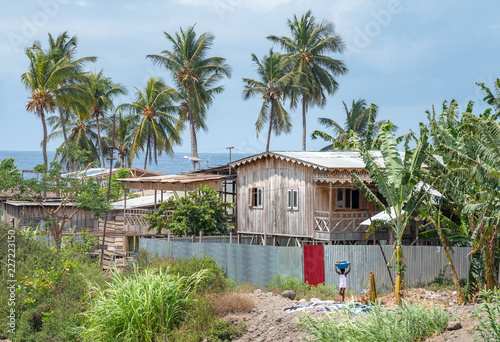 Fishing Village on the beach, self built wooden villager house homes. Travel to Sao Tome and Principe. Beautiful paradise island in Gulf of Guinea. Former colony of Portugal. © mbrand85