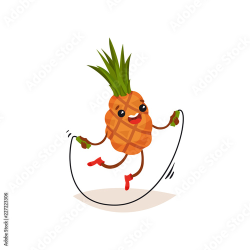 Cartoon pineapple exercising with jumping rope. Funny humanized fruit with happy face expression. Flat vector design
