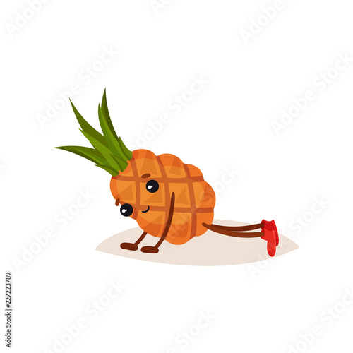 Cute humanized pineapple doing push ups. Cartoon character of tropical fruit. Sport and active lifestyle. Flat vector icon