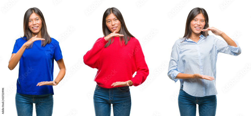 Obraz premium Collage of asian young woman standing over white isolated background gesturing with hands showing big and large size sign, measure symbol. Smiling looking at the camera. Measuring concept.
