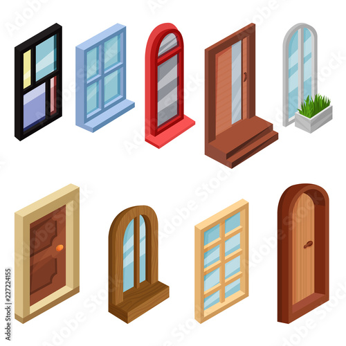 Vector set of isometric windows and entrance doors. Elements for mobile or computer game