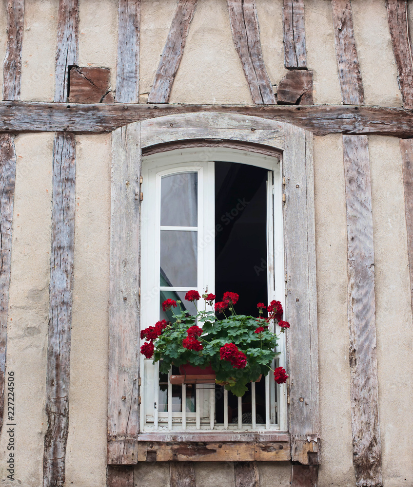 Typical old wall with wood beams in France and window with flower pots.