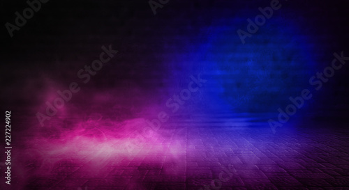 Background of empty room with spotlights and lights, abstract purple background with neon glow © MiaStendal