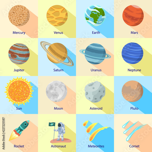 Space planet icon set. Flat set of space planet vector icons for web design