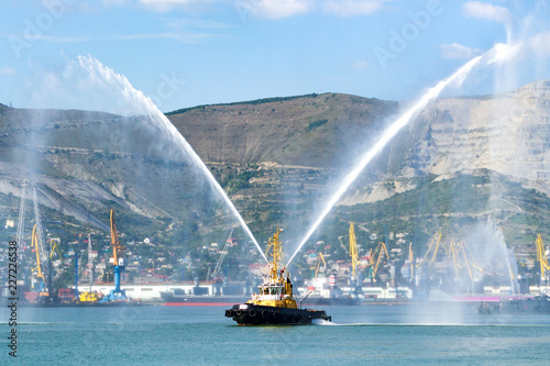 Fireboat of the Fire Department is shown in the port harbor
