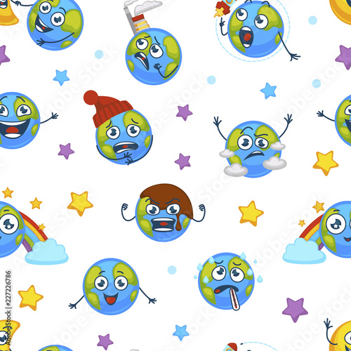 Earth planet expressing emotions emojis seamless pattern vector.