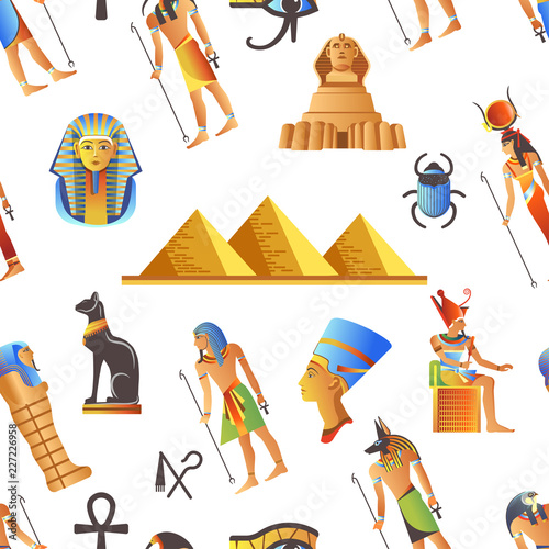 Egypt and Egyptian mythological signs seamless pattern isolated background vector.
