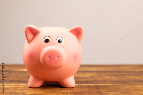 pink piggy bank on wooden background © Nicole Lienemann