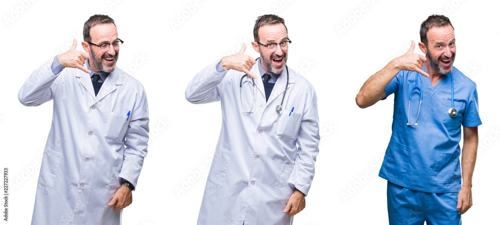 Collage of handsome senior hoary doctor man wearing surgeon uniform over isolated background smiling doing phone gesture with hand and fingers like talking on the telephone. Communicating concepts. Collage of handsome senior hoary doctor man wearing surgeon uniform over isolated background smiling doing phone gesture with hand and fingers like talking on the telephone. Communicating concepts.
