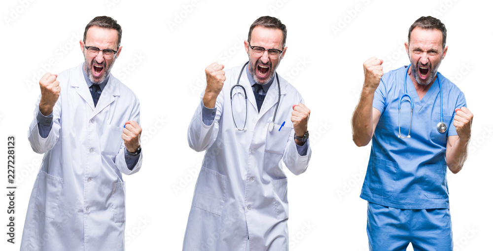 Collage of handsome senior hoary doctor man wearing surgeon uniform over isolated background very happy and excited doing winner gesture with arms raised, smiling and screaming for success Collage of handsome senior hoary doctor man wearing surgeon uniform over isolated background very happy and excited doing winner gesture with arms raised, smiling and screaming for success