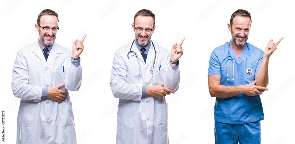 Collage of handsome senior hoary doctor man wearing surgeon uniform over isolated background with a big smile on face, pointing with hand and finger to the side looking at the camera. Collage of handsome senior hoary doctor man wearing surgeon uniform over isolated background with a big smile on face, pointing with hand and finger to the side looking at the camera.