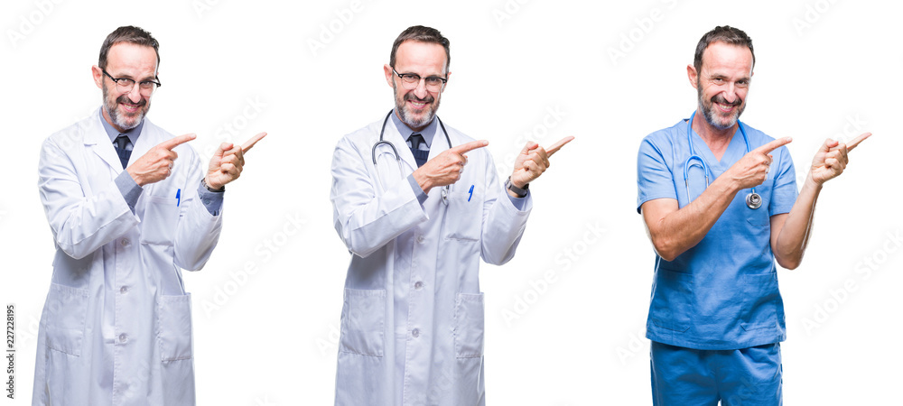 Collage of handsome senior hoary doctor man wearing surgeon uniform over isolated background smiling and looking at the camera pointing with two hands and fingers to the side. Collage of handsome senior hoary doctor man wearing surgeon uniform over isolated background smiling and looking at the camera pointing with two hands and fingers to the side.