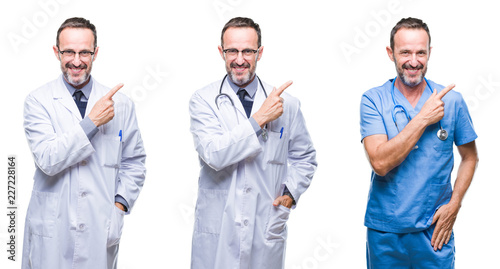 Collage of handsome senior hoary doctor man wearing surgeon uniform over isolated background cheerful with a smile of face pointing with hand and finger up to the side with happy and natural
