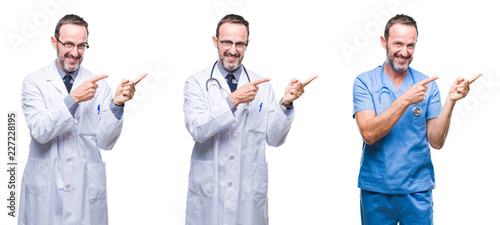 Collage of handsome senior hoary doctor man wearing surgeon uniform over isolated background smiling and looking at the camera pointing with two hands and fingers to the side.