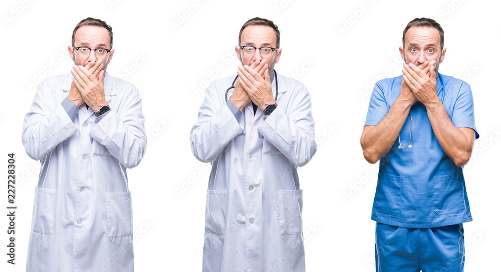 Collage of handsome senior hoary doctor man wearing surgeon uniform over isolated background shocked covering mouth with hands for mistake. Secret concept.