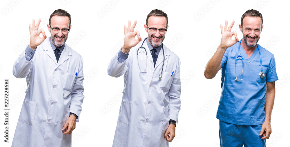 Collage of handsome senior hoary doctor man wearing surgeon uniform over isolated background smiling positive doing ok sign with hand and fingers. Successful expression. Collage of handsome senior hoary doctor man wearing surgeon uniform over isolated background smiling positive doing ok sign with hand and fingers. Successful expression.