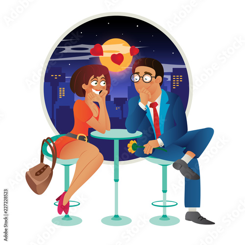Speed dating romantic love event in cafe - young business woman and man couple on a date, talking, meeting, flirt and fall in love. Flat cartoon vector illustration isolated on white background