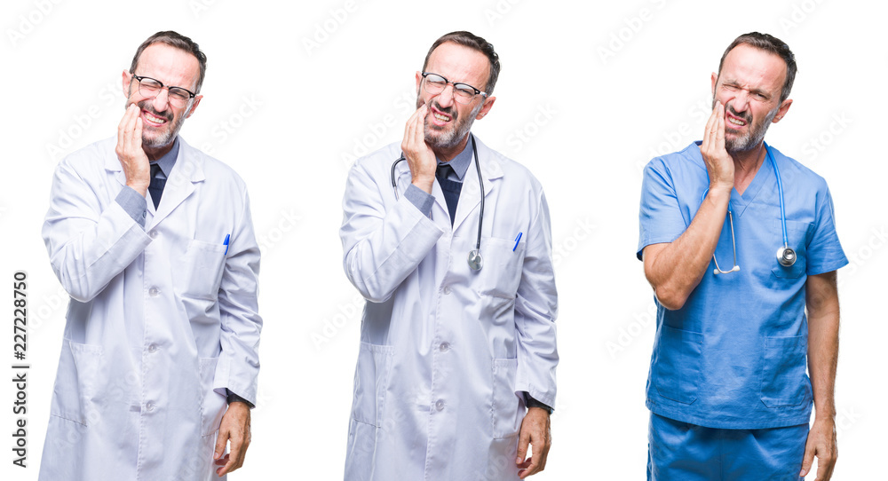Collage of handsome senior hoary doctor man wearing surgeon uniform over isolated background touching mouth with hand with painful expression because of toothache or dental illness on teeth. Dentist Collage of handsome senior hoary doctor man wearing surgeon uniform over isolated background touching mouth with hand with painful expression because of toothache or dental illness on teeth. Dentist