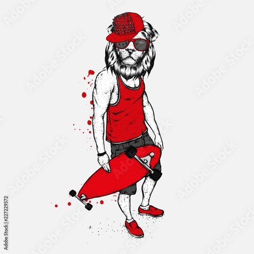 Fototapeta Naklejka Na Ścianę i Meble -  Stylish lion-skater in jeans and sneakers. Skateboard. Vector illustration for a postcard or a poster, print for clothes. Street cultures. Leo.