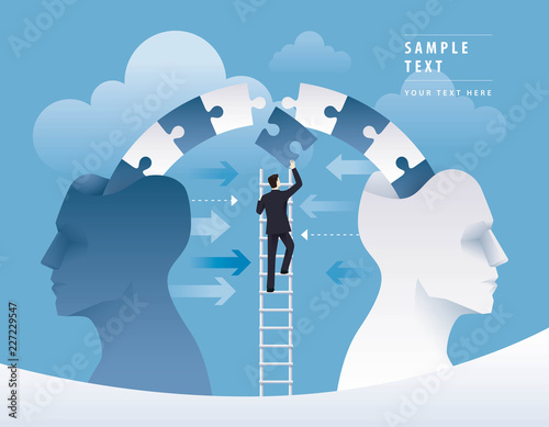 Businessman Climbing Ladder to pushing jigsaw puzzle pieces together