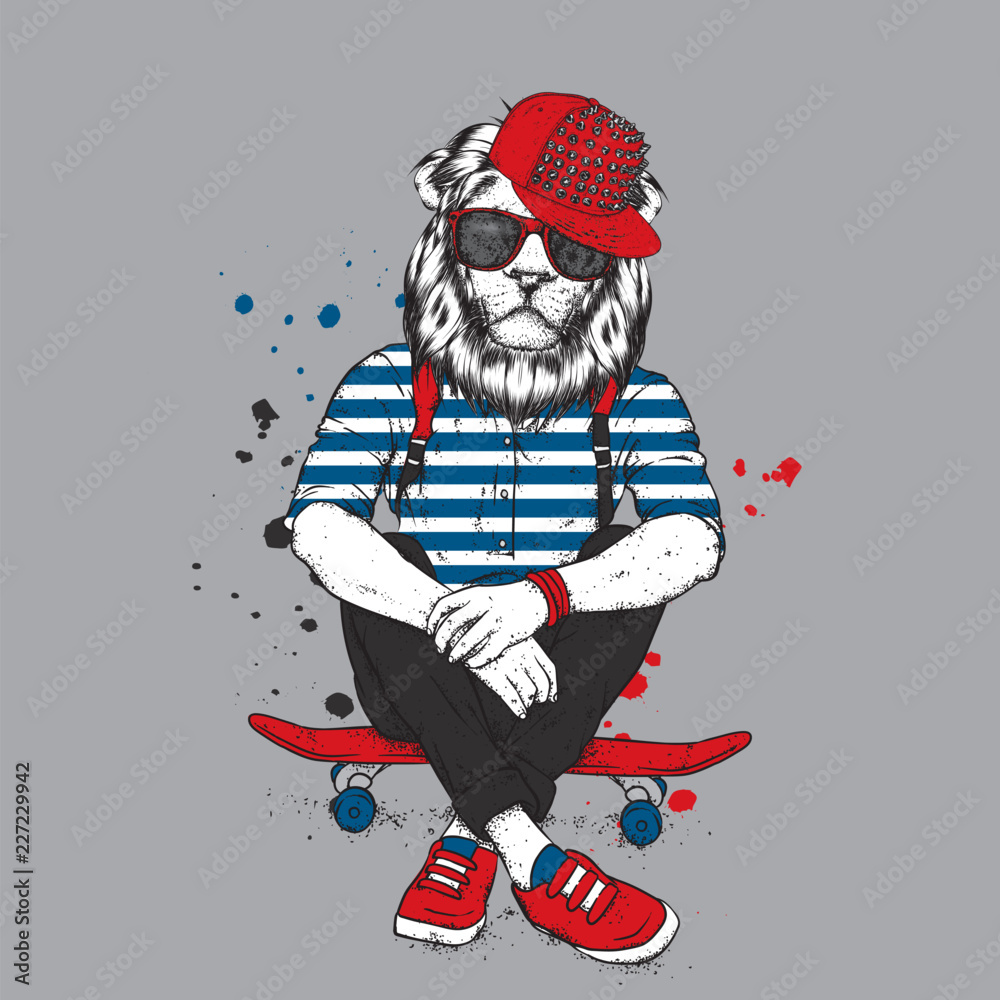 Fototapeta premium Stylish lion-skater in jeans and sneakers. Skateboard. Vector illustration for a postcard or a poster, print for clothes. Street cultures. Leo.