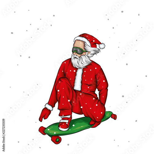 Stylish skaterwearing santa claus costume. Vector illustration for a postcard or a poster, print for clothes. Street cultures.