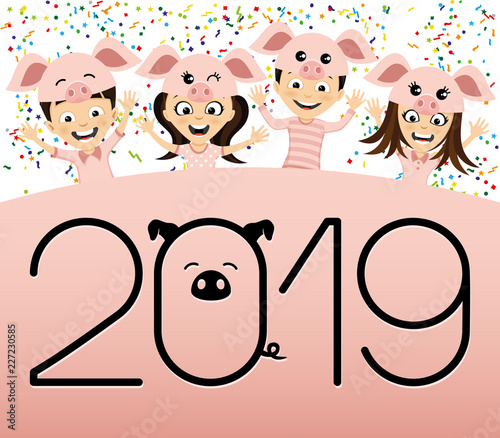 Children in costume piglets symbol of the new 2019 year.