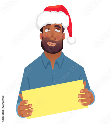 African man in hat holding blank card