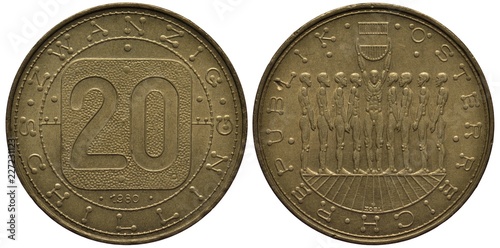 Austria Austrian coin 20 twenty shillings 1985, value within box, nine people standing symbolizing nine provinces, center figure holds Austrian shield,