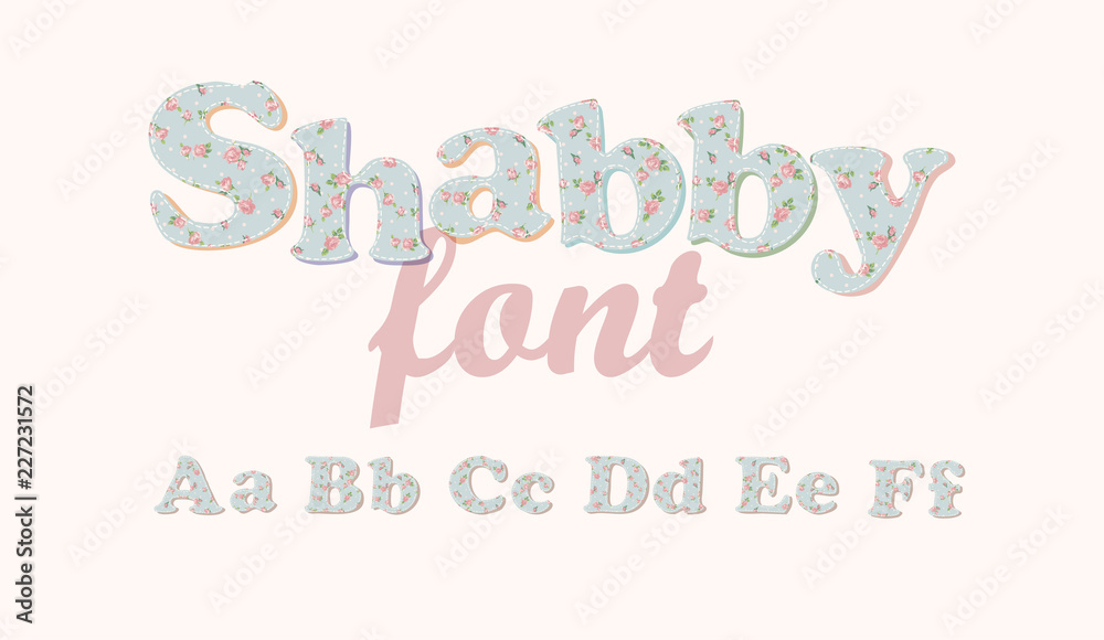 Latin alphabet, font with shabby chic pattern