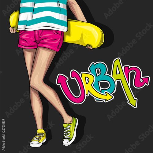 Pretty girls in tops and shorts with skateboard. Vector illustration for a postcard or a poster. Bright, colorful drawing.