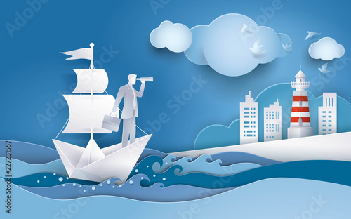 Businessman with spyglass on white sailing boat