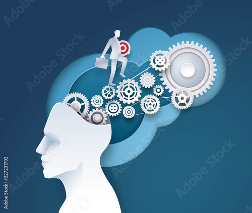 Human head with Cogwheel Gears in progress, Businessman holding Target and walking on gears