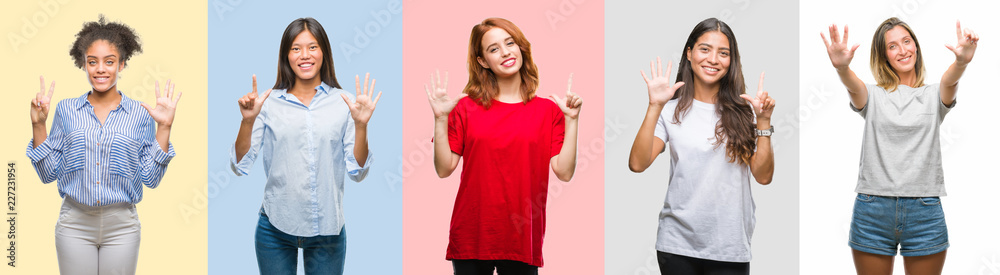 Collage of hispanic, african american, asian, indian women over vintage color background showing and pointing up with fingers number seven while smiling confident and happy. Collage of hispanic, african american, asian, indian women over vintage color background showing and pointing up with fingers number seven while smiling confident and happy.
