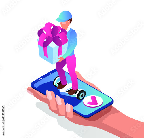 Couriers deliver gift. A man on a  gyro board. Presents Online delivering. Isometric 3d